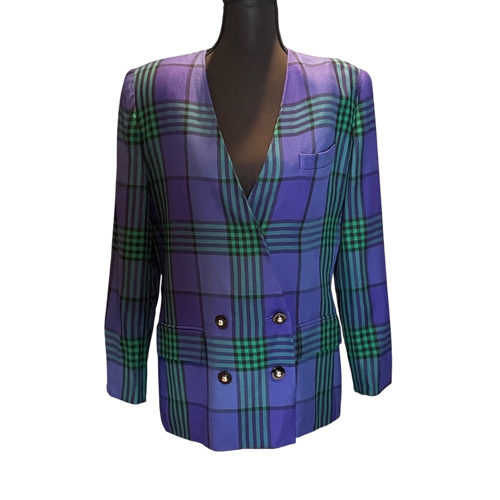VTG Kasper for ASL Purple Green Plaid Double Breasted Collarless Blazer 10 90s
